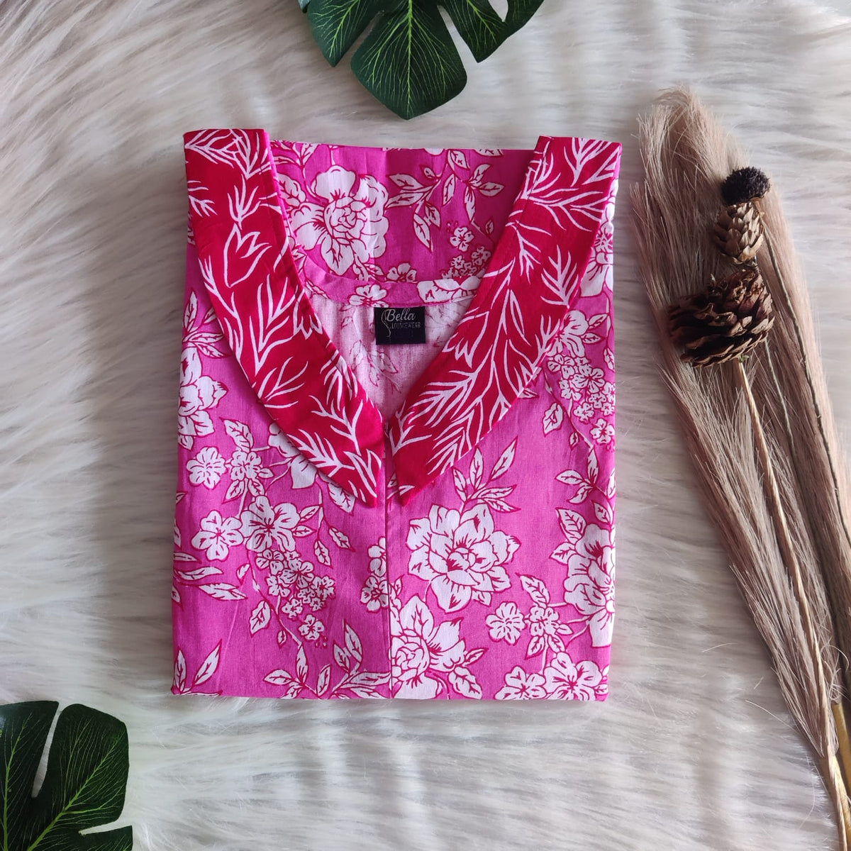 Red And Pink Floral Printed Premium Cotton Peter Pan Collar Long Zip Feeding Nighty | Free Size | Chest Width 44″| Length 56″