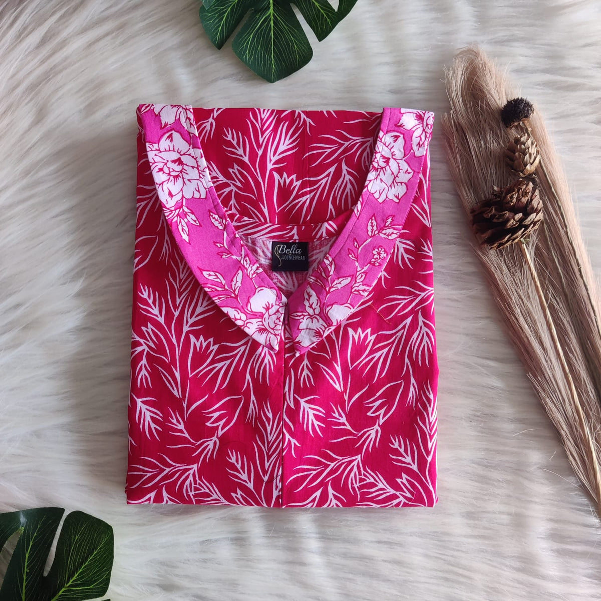 Pink And Red Printed Premium Cotton Peter Pan Collar Long Zip Feeding Nighty | Free Size | Chest Width 44″| Length 56″