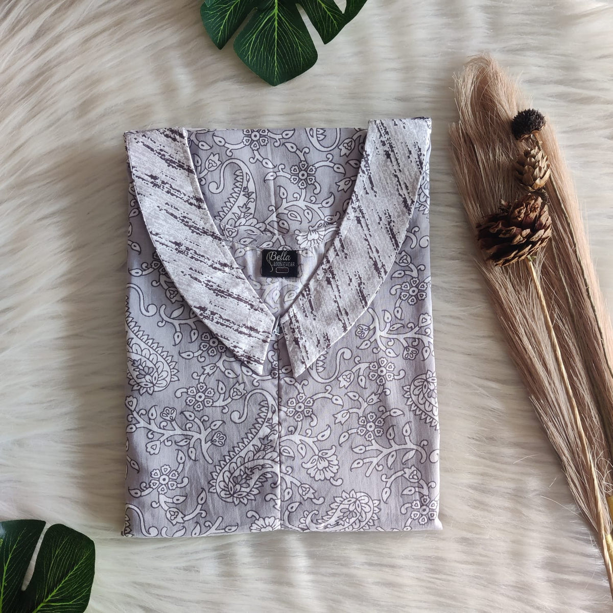 Grey And White Floral Printed Premium Cotton Peter Pan Collar Long Zip Feeding Nighty | Free Size | Chest Width 44″| Length 56″