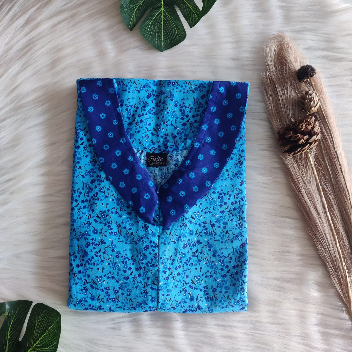 Dark And Pale Blue Printed Premium Cotton Peter Pan Collar Long Zip Feeding Nighty | Free Size | Chest Width 44″| Length 56″