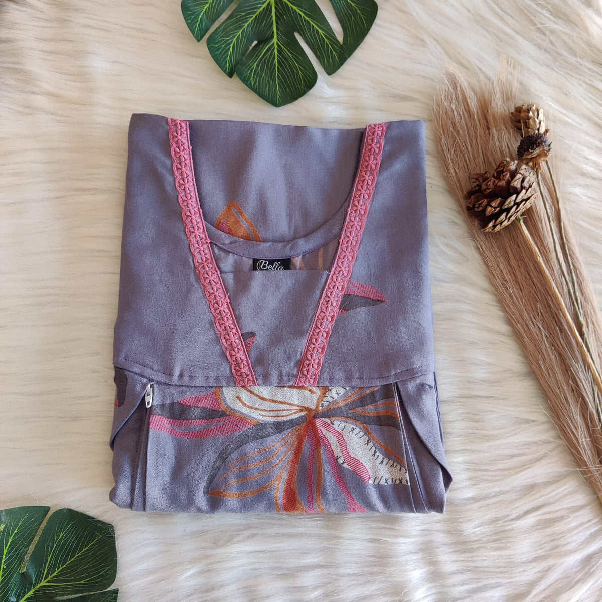 Garge Sale - Grey Printed Alfine Two Side Vertical Zip Lace Nighty | Free Size | Chest Width 44″ | Length 56″