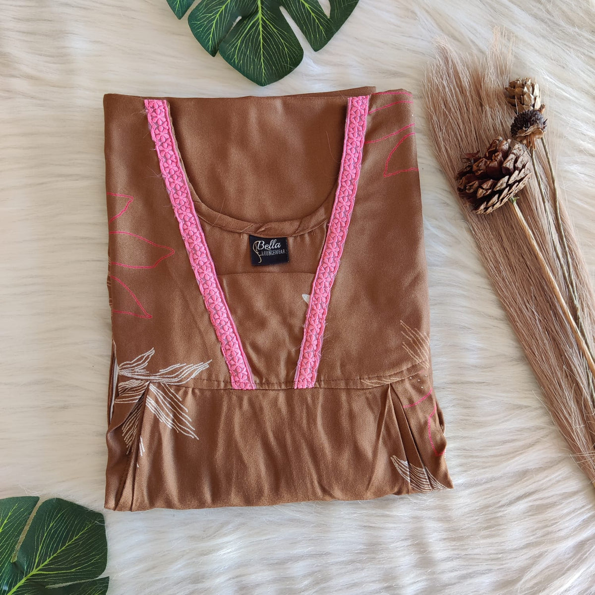 Brown Printed Alfine 60 Inch Length Two Side Vertical Zip Lace Nighty | Free Size | Chest Width 44″ |