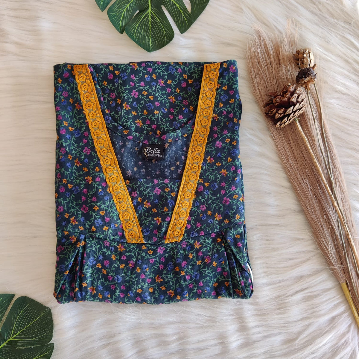 Green And Yellow Floral Printed Alfine Two Side Vertical Zip Lace Nighty | Free Size | Chest Width 44″ | Length 56″