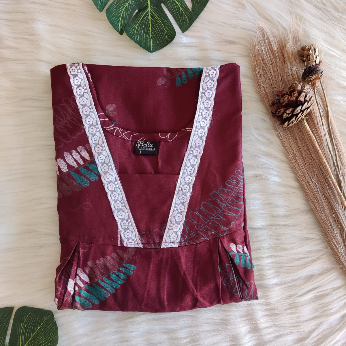 Maroon Printed Alfine 60 Inch Length Two Side Vertical Zip Lace Nighty | Free Size | Chest Width 44″ |