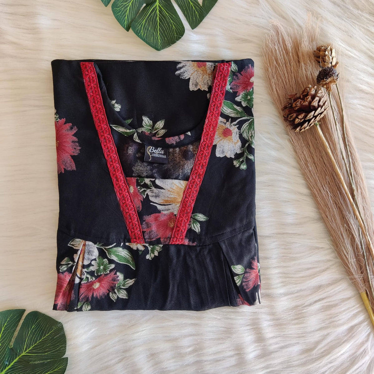 Black And Red Floral Printed Alfine 60 Inch Length Two Side Vertical Zip Lace Nighty | Free Size | Chest Width 44″ |