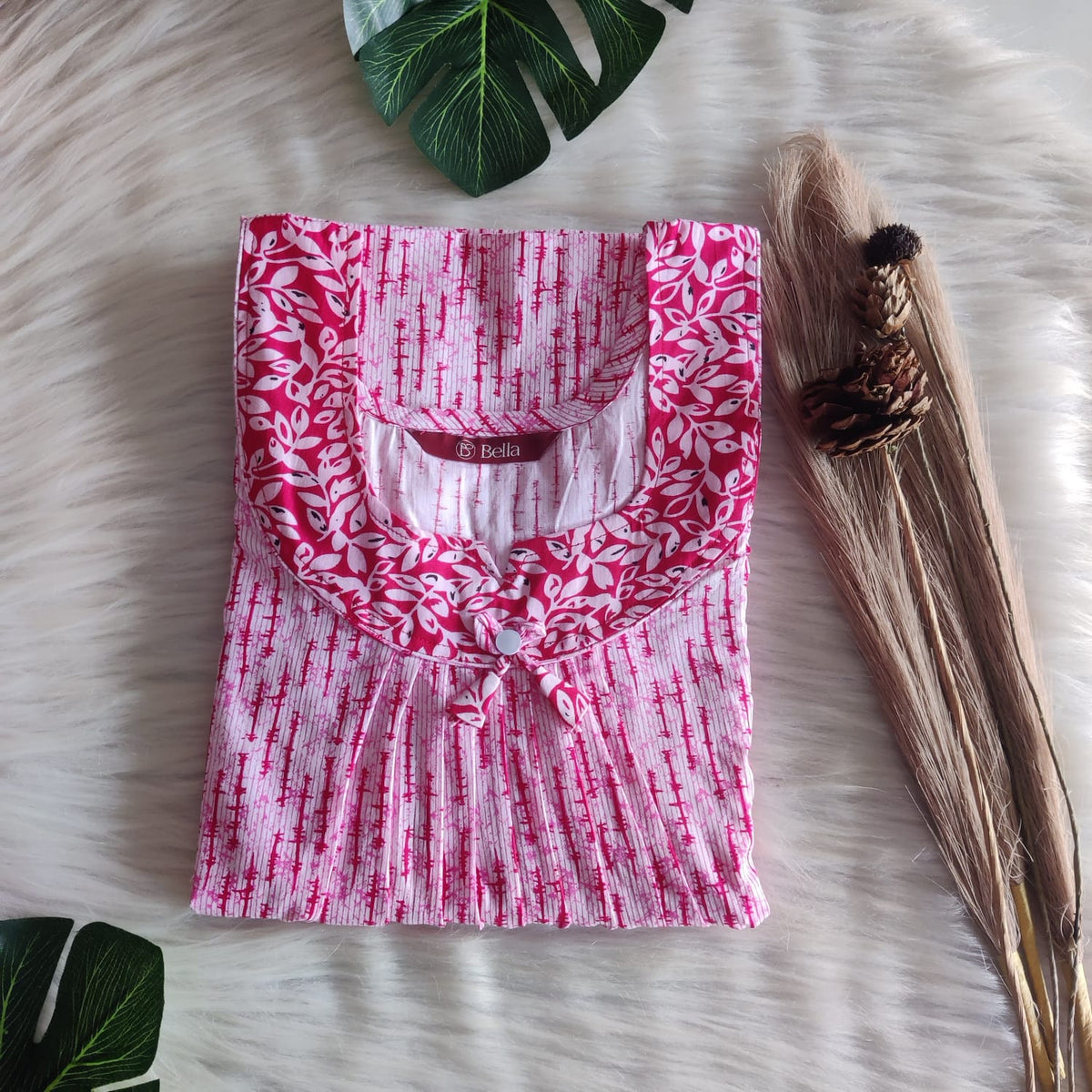 Pink And White Printed Premium Cotton No Zip Pleated Nighty | Free Size | Chest Width 44″| Length 55″-56″
