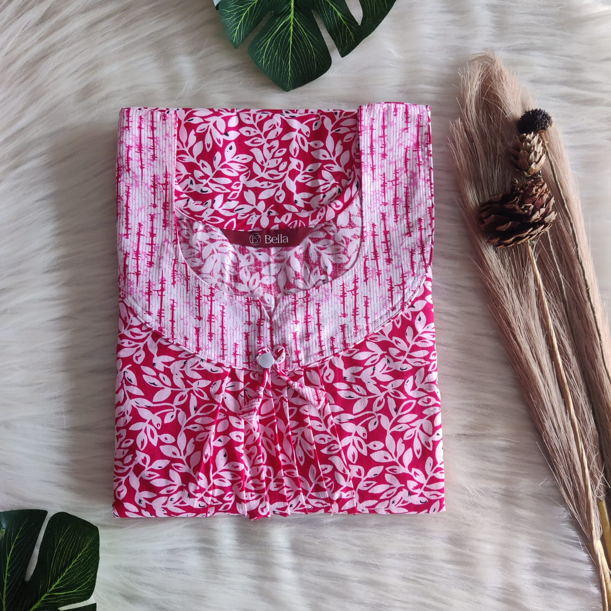 White And Pink Leaf Printed Premium Cotton No Zip Pleated Nighty | Free Size | Chest Width 44″| Length 55″-56″