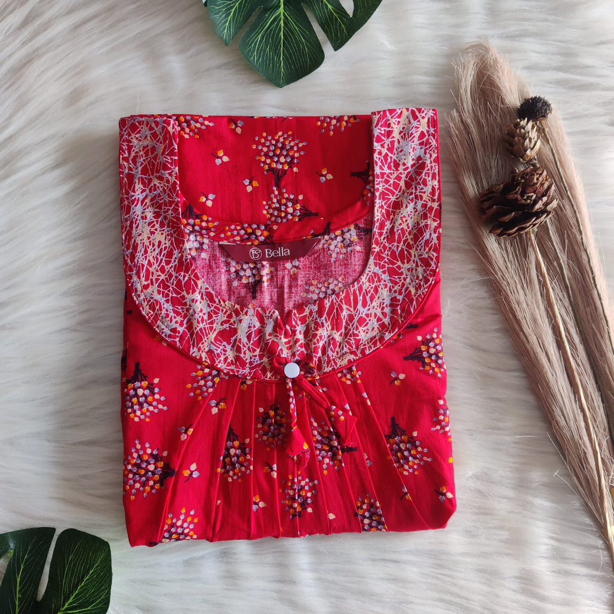 Grey And Red Printed Premium Cotton No Zip Pleated Nighty | Free Size | Chest Width 44″| Length 55″-56″