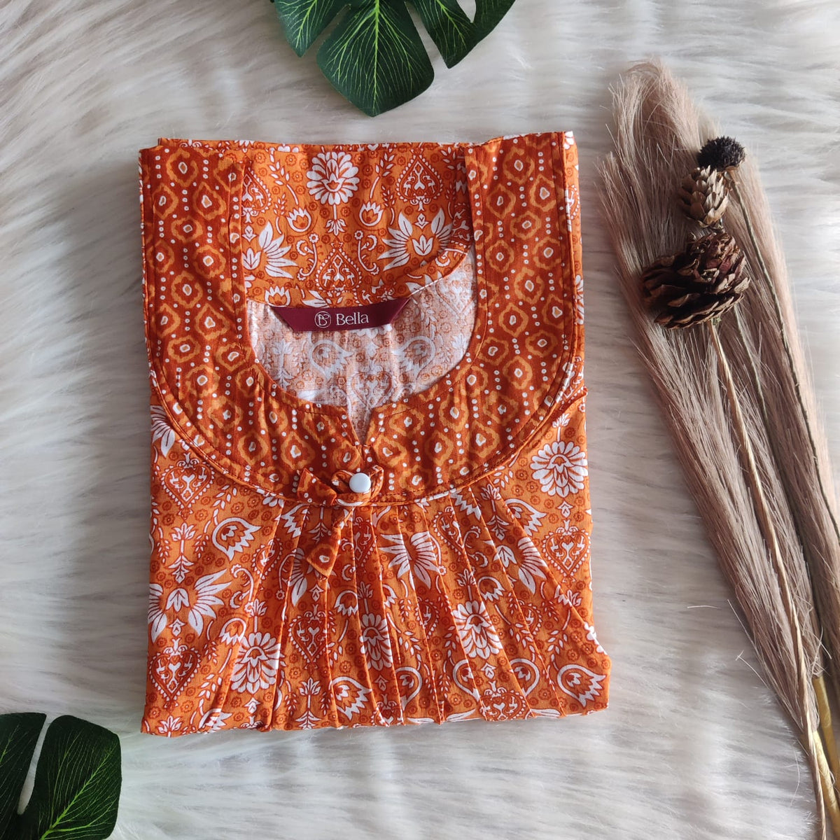 Orange And White Floral Printed Premium Cotton No Zip Pleated Nighty | Free Size | Chest Width 44″| Length 55″-56″