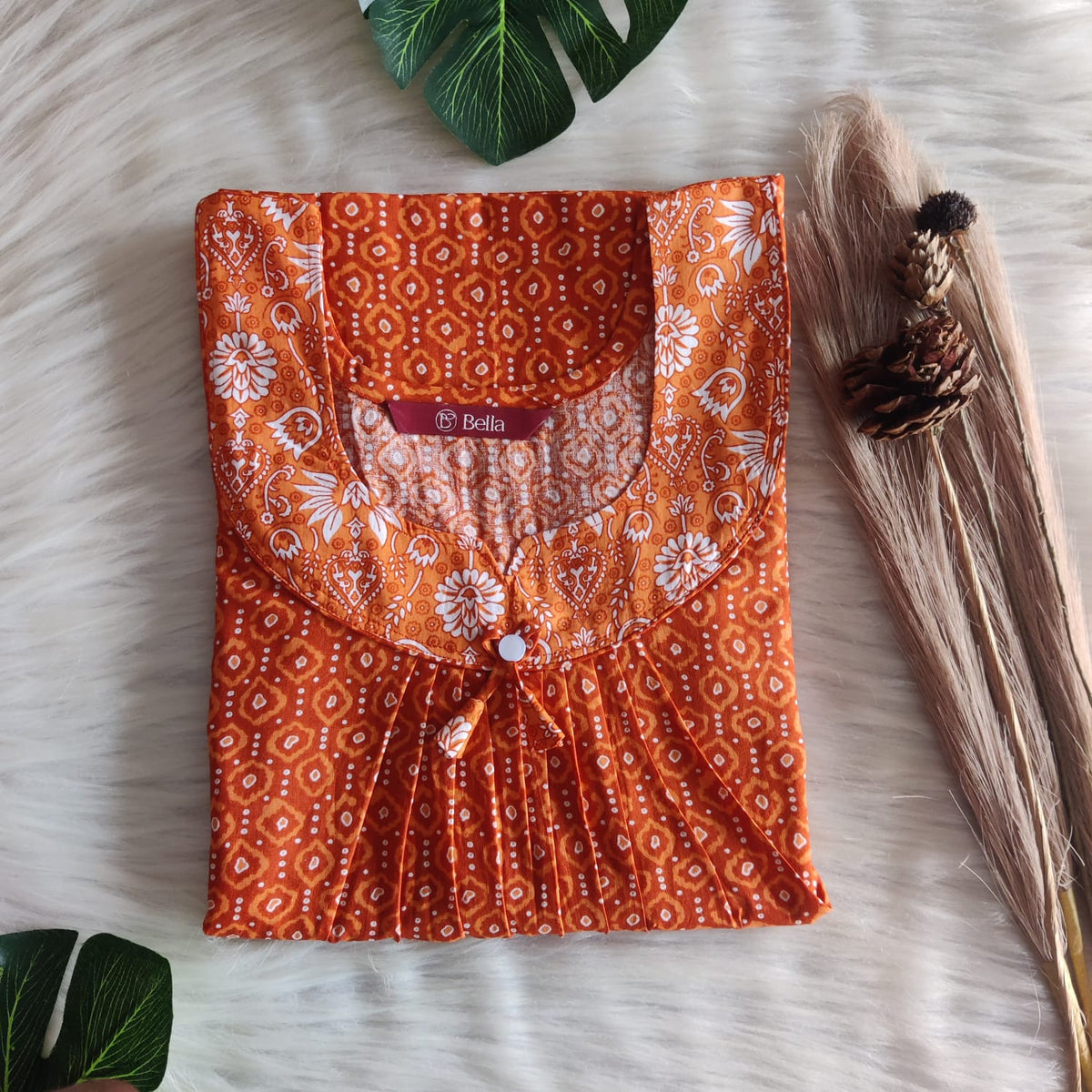 White And Orange Printed Premium Cotton No Zip Pleated Nighty | Free Size | Chest Width 44″| Length 55″-56″
