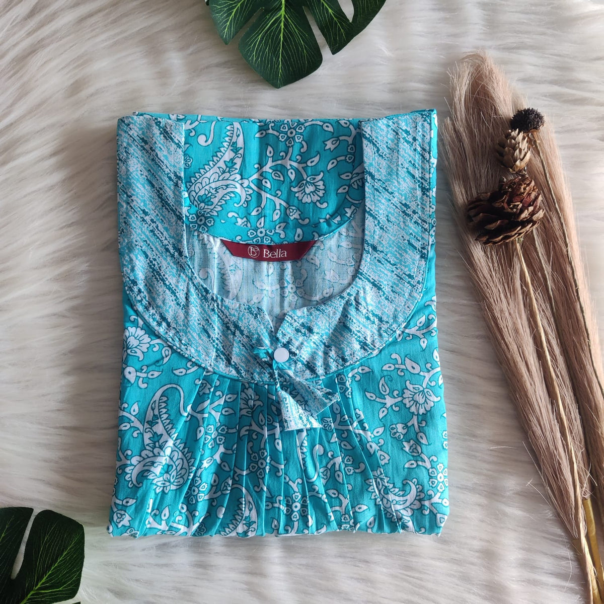 White And Aqua Blue Printed Premium Cotton No Zip Pleated Nighty | Free Size | Chest Width 44″| Length 55″-56″