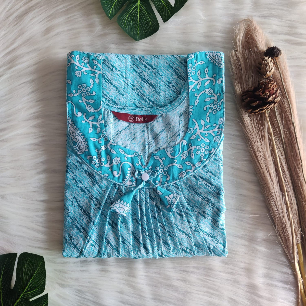 Aqua Blue And White Printed Premium Cotton No Zip Pleated Nighty | Free Size | Chest Width 44″| Length 55″-56″