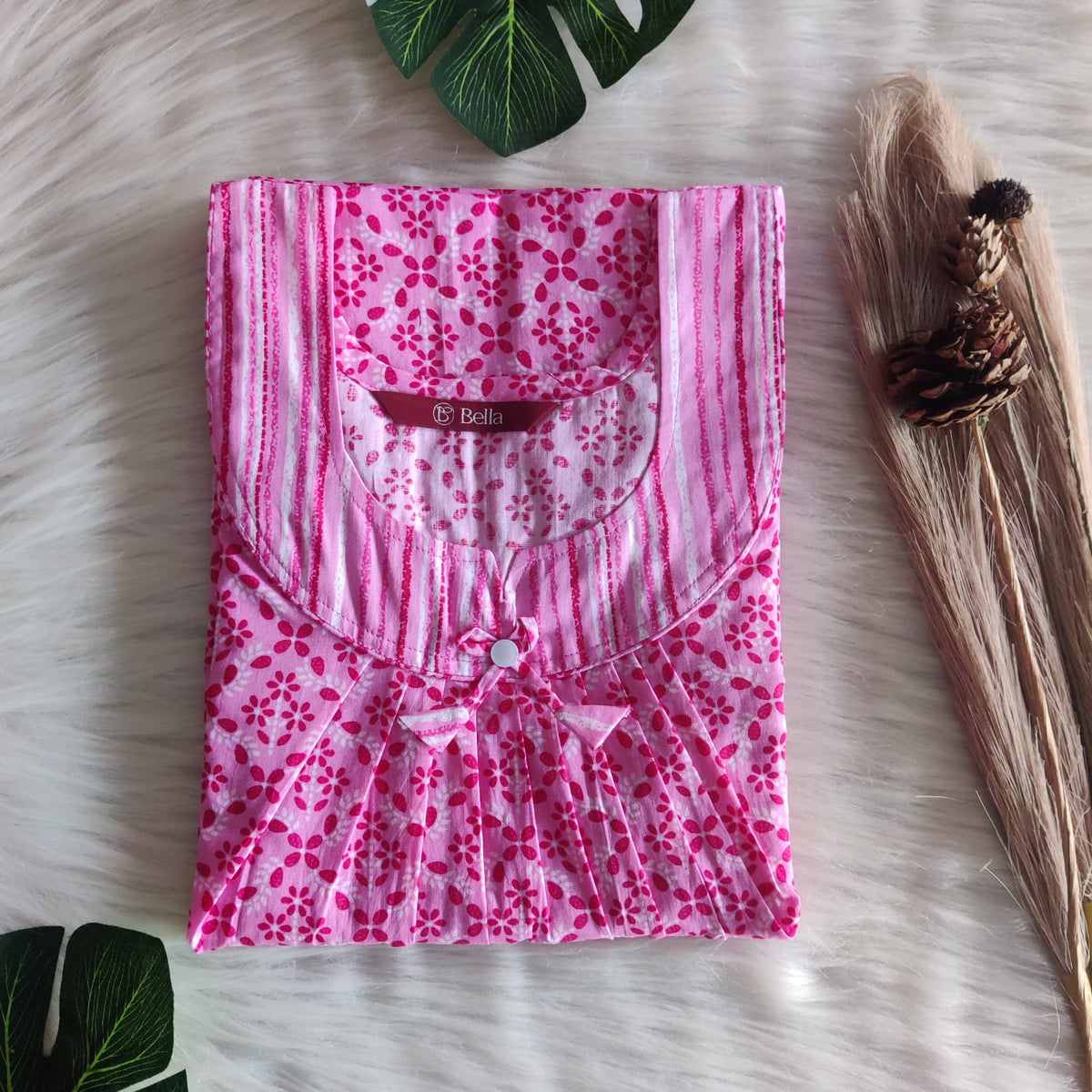 White And Pink Printed Premium Cotton No Zip Pleated Nighty | Free Size | Chest Width 44″| Length 55″-56″