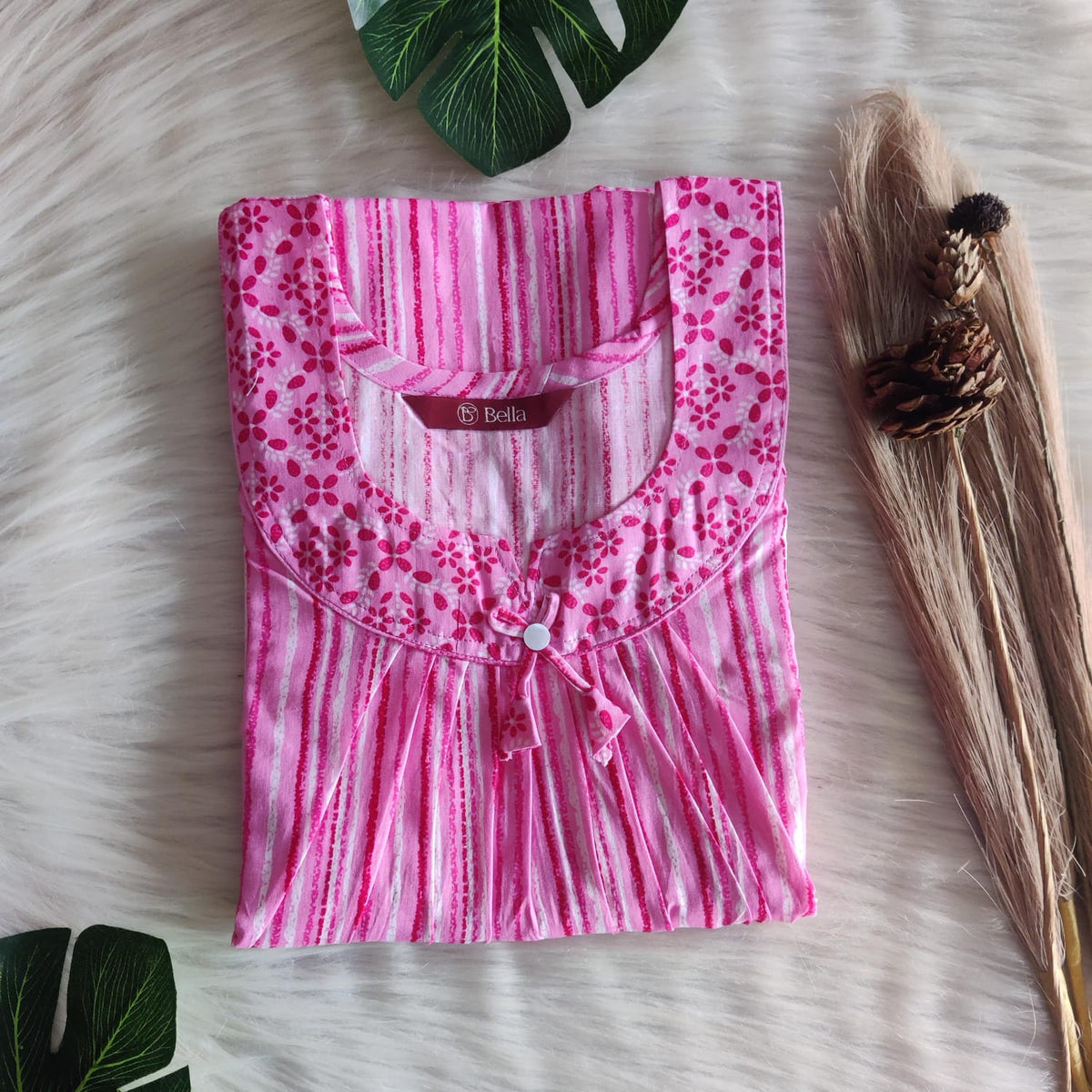 Garage Sale - Pink And White Stripes Printed Premium Cotton No Zip Pleated Nighty | Free Size | Chest Width 44″| Length 55″-56″