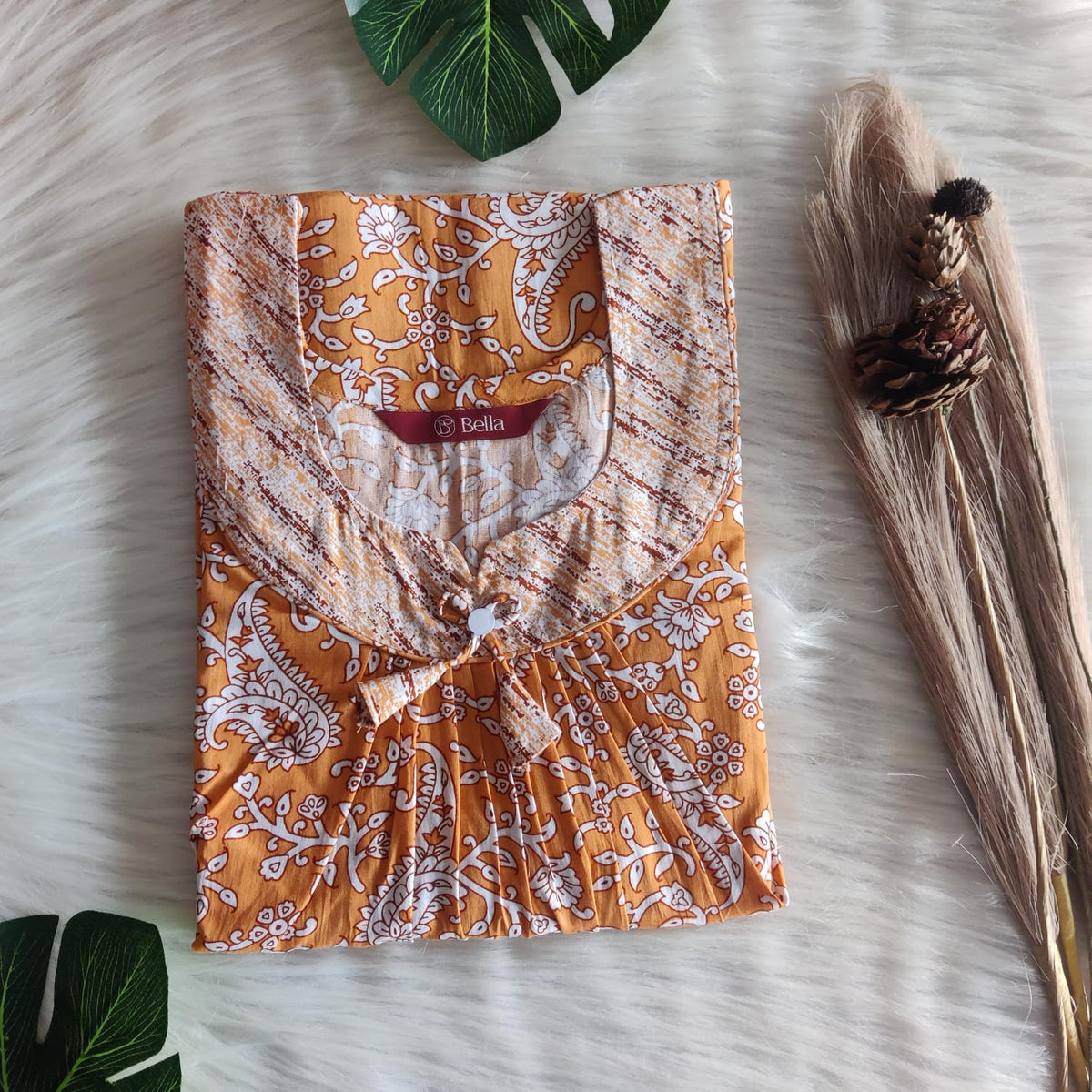 Pale And Dark Brown Floral Printed Premium Cotton No Zip Pleated Nighty | Free Size | Chest Width 44″| Length 55″-56″
