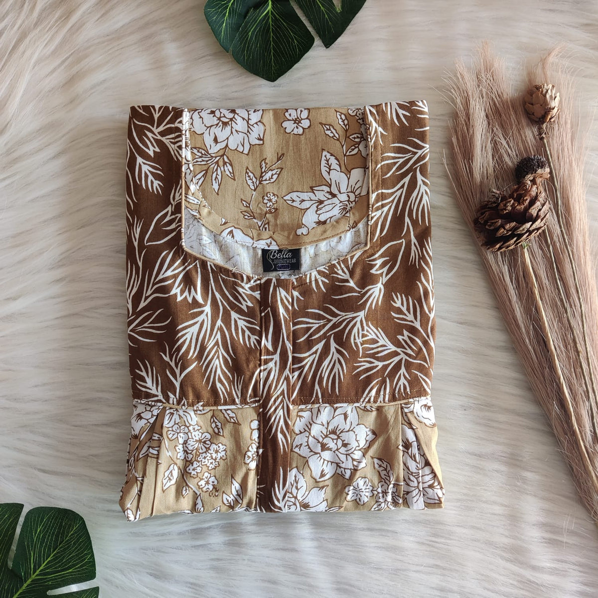 Dark And Pale Olive Green Printed Premium Cotton Pleated Vertical Zip Feeding Nighty | Free Size | Chest Width 44″| Length 54″-56″