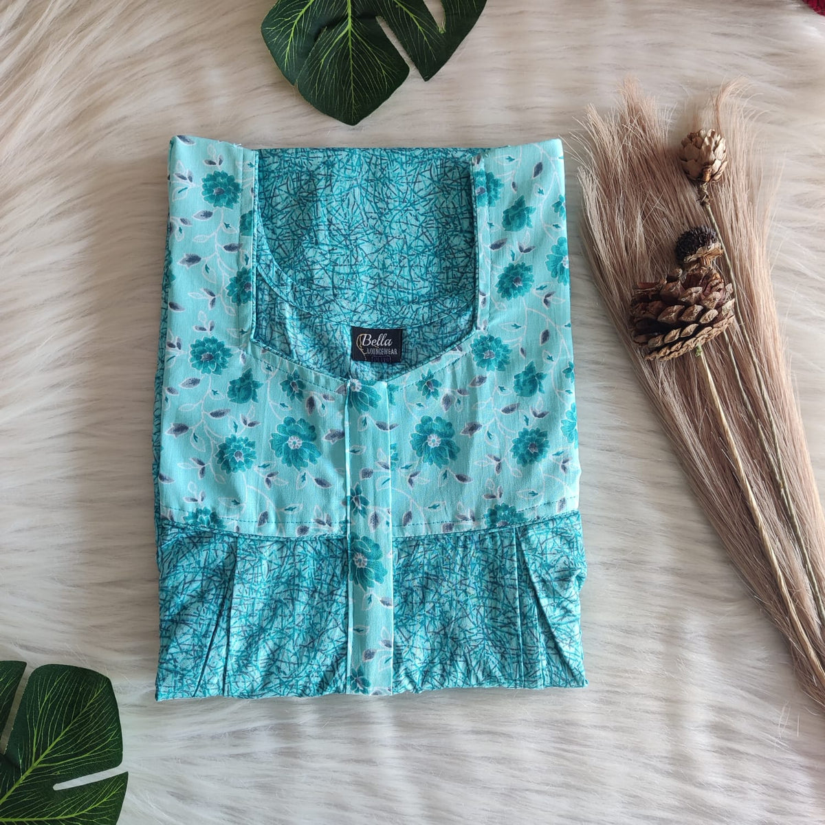 Pale And Dark Blue Printed Premium Cotton Pleated Vertical Zip Feeding Nighty | Free Size | Chest Width 44″| Length 54″-56″