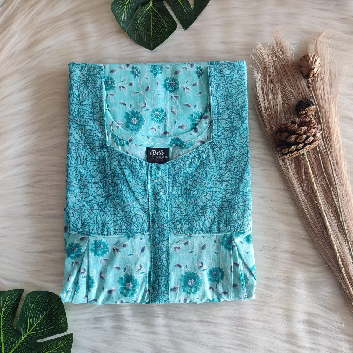 Dark And Pale Blue Floral Printed Premium Cotton Pleated Vertical Zip Feeding Nighty | Free Size | Chest Width 44″| Length 54″-56″