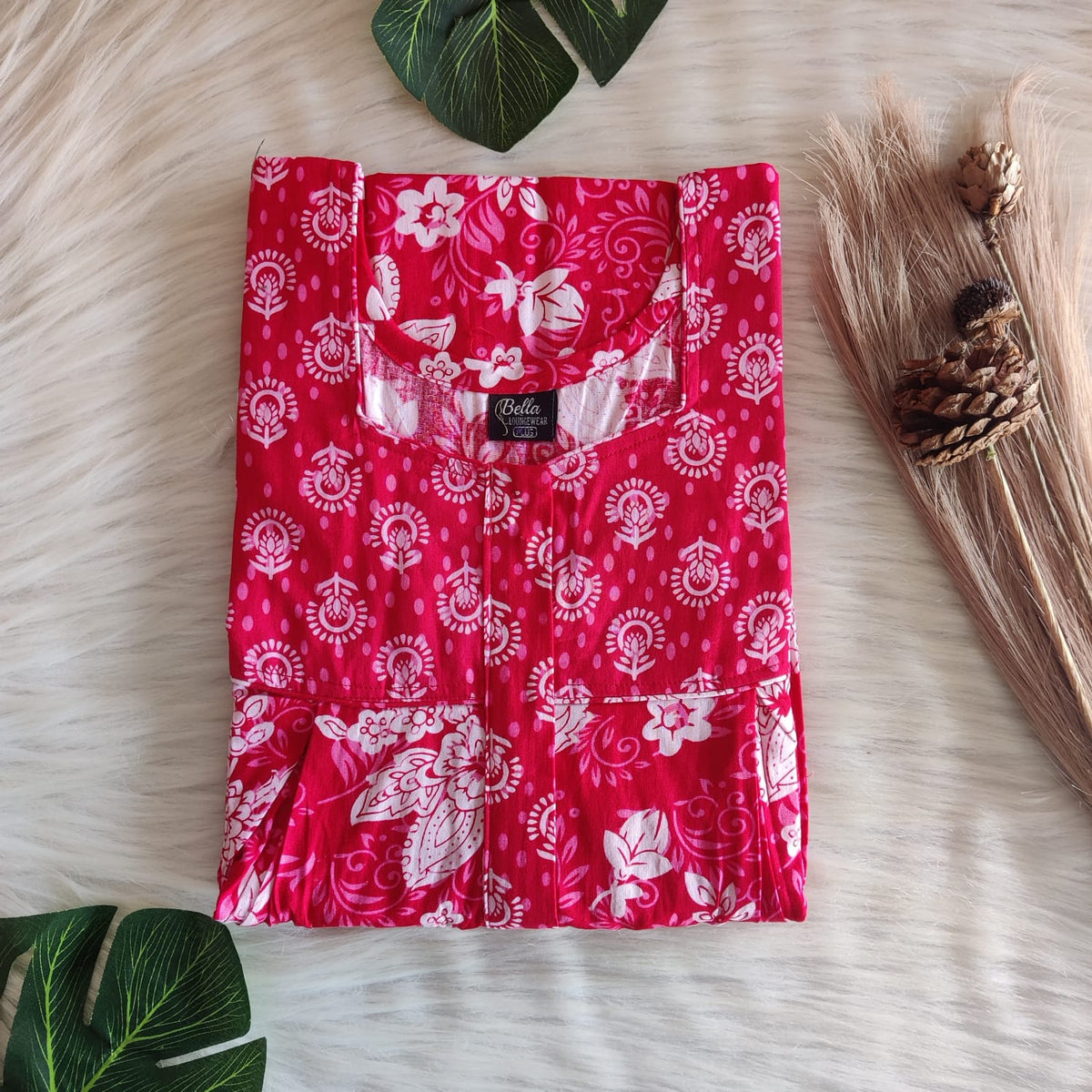 Red And White Floral  Printed Premium Cotton Pleated Vertical Zip Feeding Nighty | Free Size | Chest Width 44″| Length 54″-56″