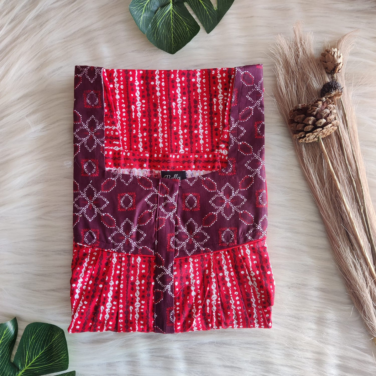 Maroon And Red Premium Cotton Square Neck Pleated Nighty | Free Size | Chest Width 44″| Length 55″-56″