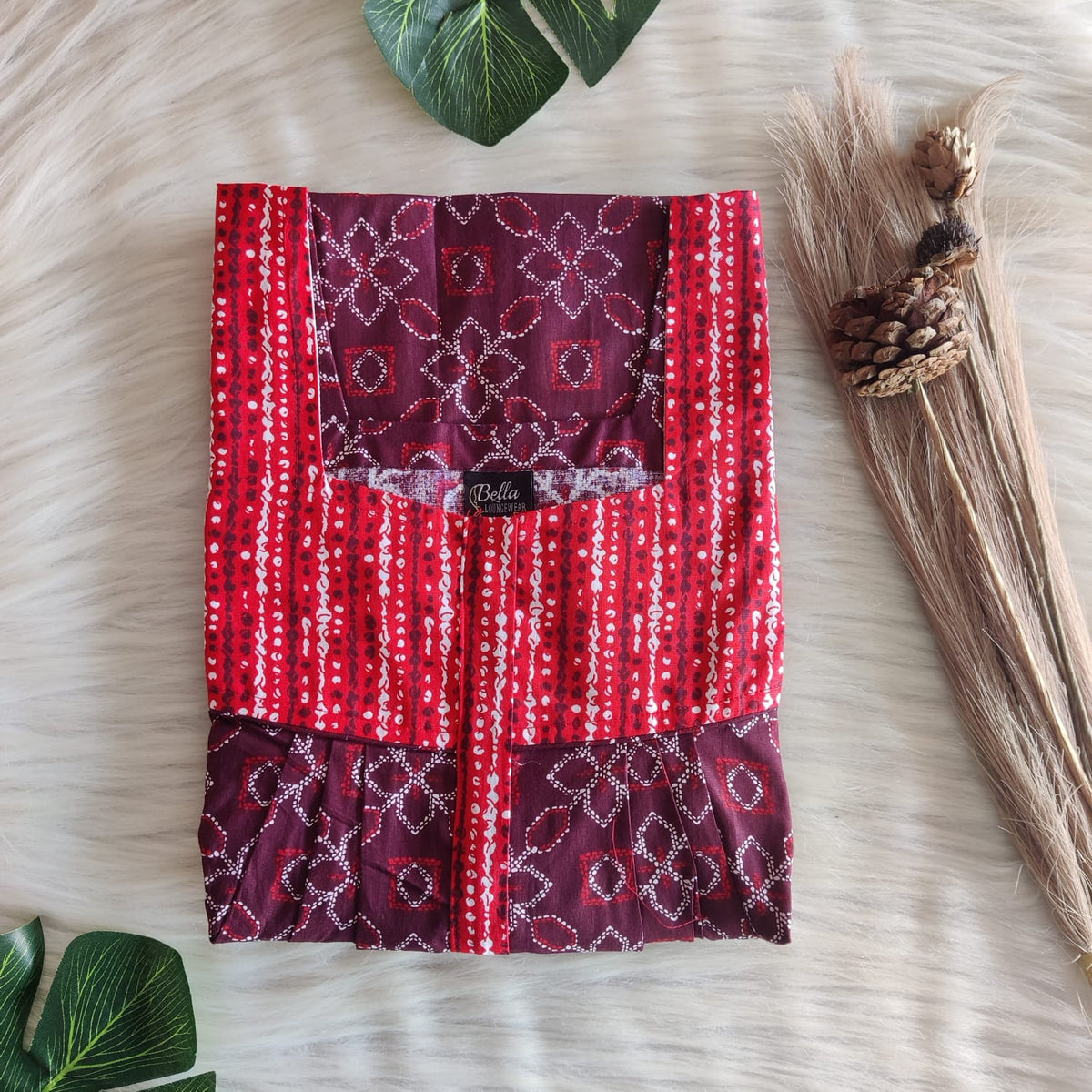 Red And Maroon Premium Cotton Square Neck Pleated Nighty | Free Size | Chest Width 44″| Length 55″-56″