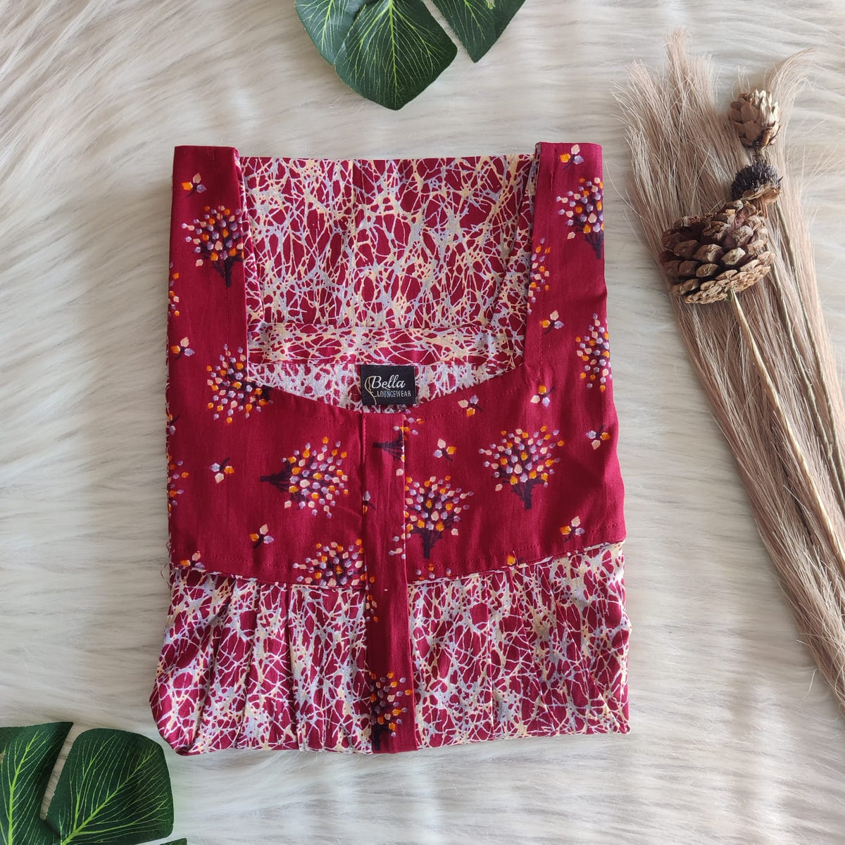 Maroon And Grey Premium Cotton Square Neck Pleated Nighty | Free Size | Chest Width 44″| Length 55″-56″