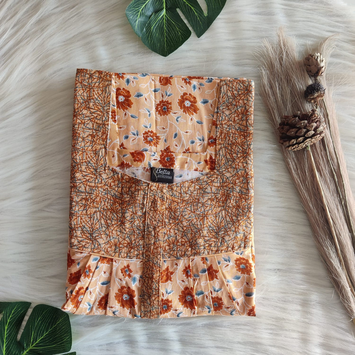 Dark And Pale Brown Floral Premium Cotton Square Neck Pleated Nighty | Free Size | Chest Width 44″| Length 55″-56″