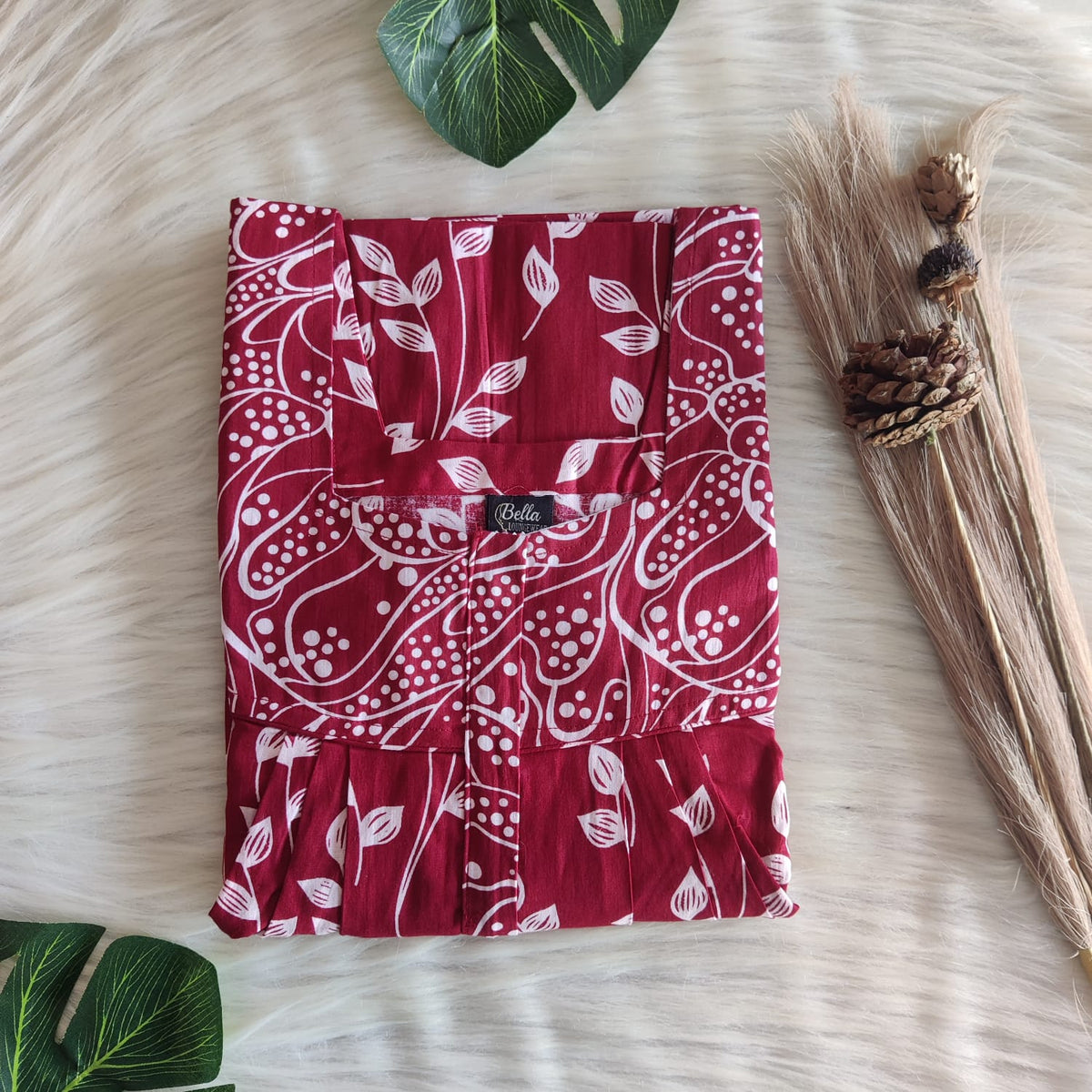 Maroon And White Leaf Premium Cotton Square Neck Pleated Nighty | Free Size | Chest Width 44″| Length 55″-56″
