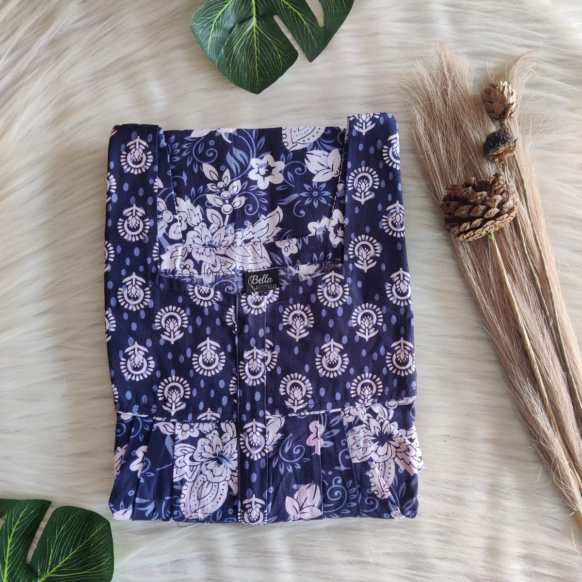 Navy-Blue And White Floral Premium Cotton Square Neck Pleated Nighty | Free Size | Chest Width 44″| Length 55″-56″