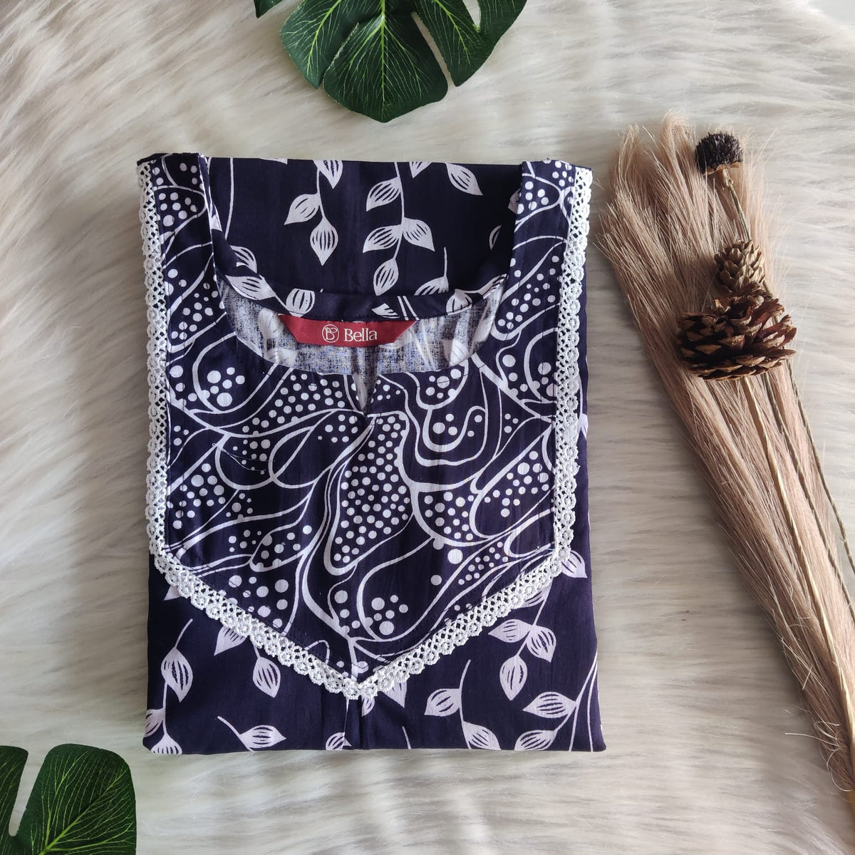 Navy-Blue And White Leaf Printed Premium Cotton Mix N Match Lace Pocket Nighty | Free Size | Chest Width 44″| Length 56″