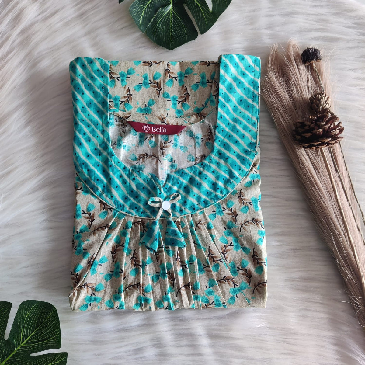 Aqua Blue And Cream Printed Premium Cotton No Zip Pleated Nighty | Free Size | Chest Width 44″| Length 55″-56″