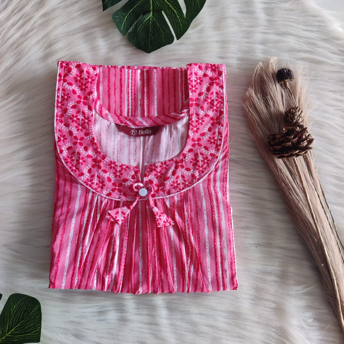 Peach And White Stripes Printed Premium Cotton No Zip Pleated Nighty | Free Size | Chest Width 44″| Length 55″-56″