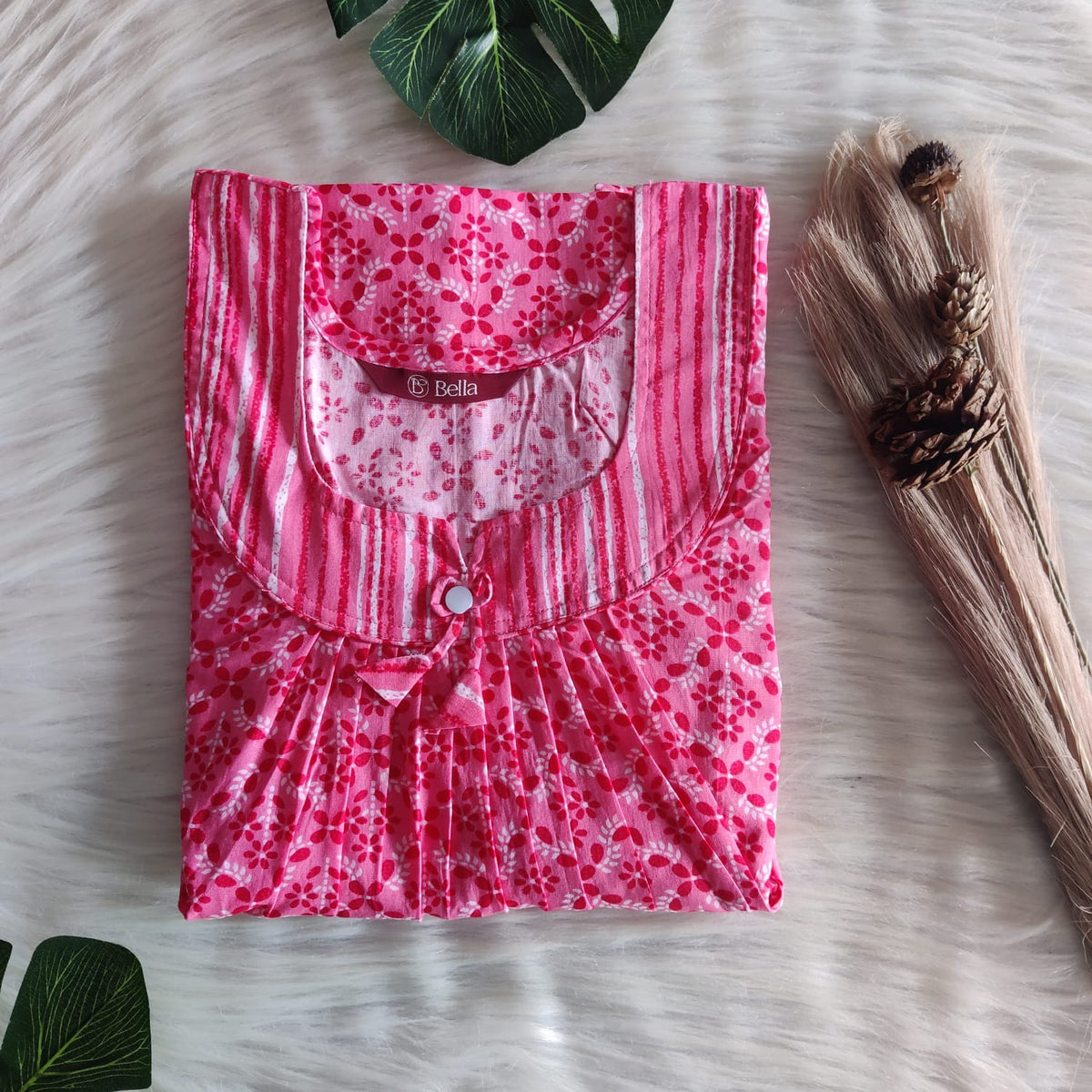 White And Peach Floral Printed Premium Cotton No Zip Pleated Nighty | Free Size | Chest Width 44″| Length 55″-56″