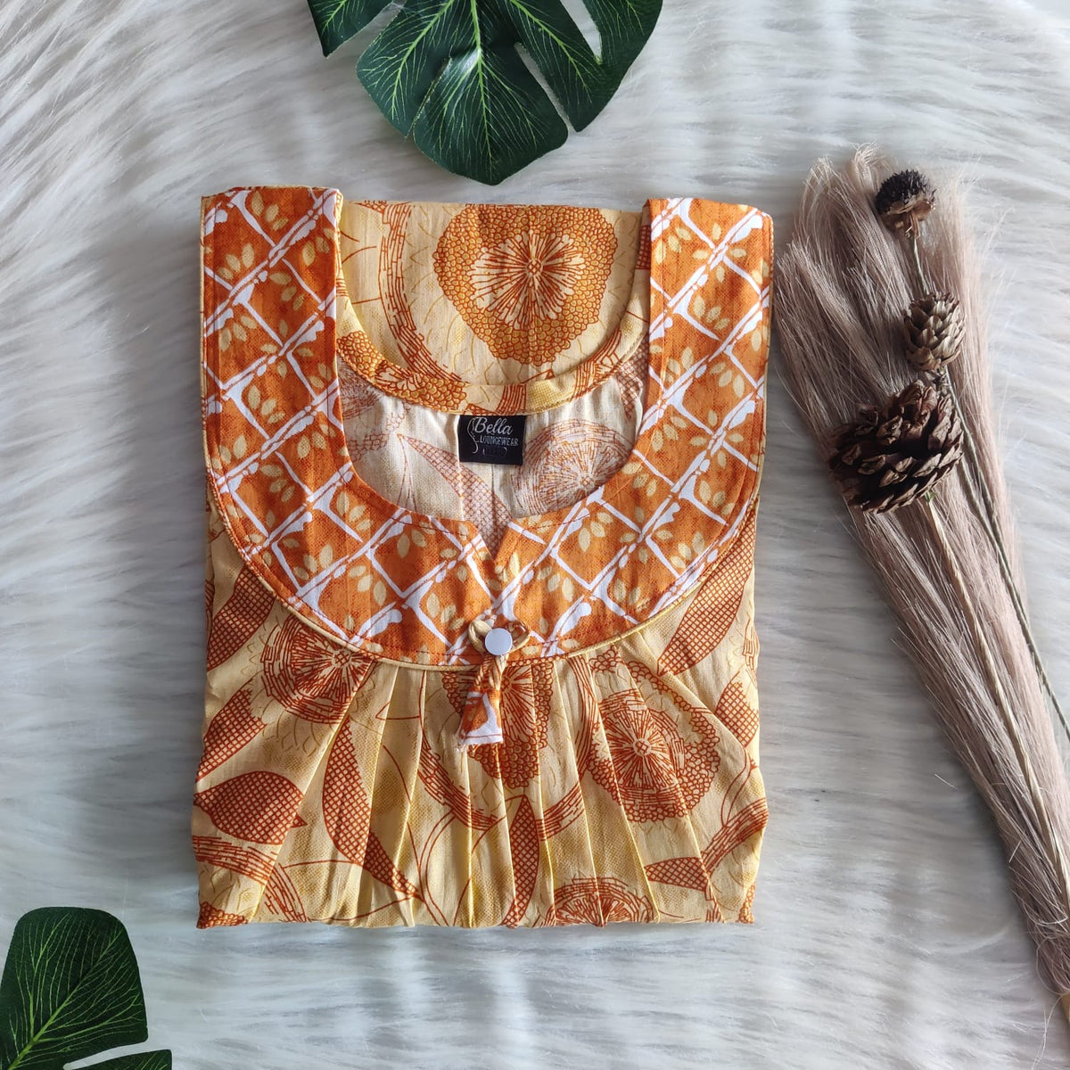 Orange And Yellow Printed Premium Cotton No Zip Pleated Nighty | Free Size | Chest Width 44″| Length 55″-56″