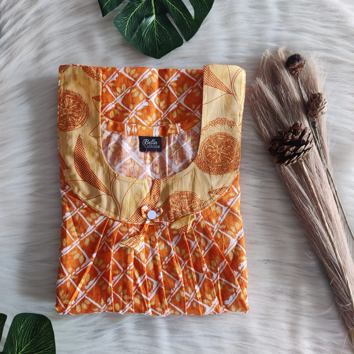 Yellow And Orange Printed Premium Cotton No Zip Pleated Nighty | Free Size | Chest Width 44″| Length 55″-56″