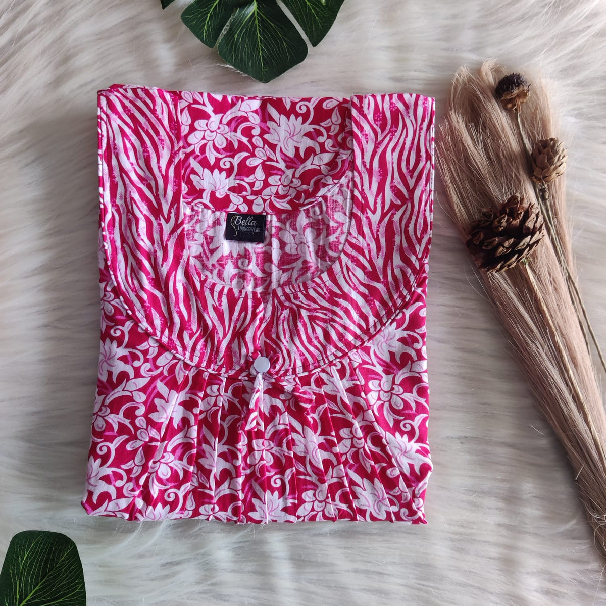 Pink And White Floral Printed Premium Cotton No Zip Pleated Nighty | Free Size | Chest Width 44″| Length 55″-56″