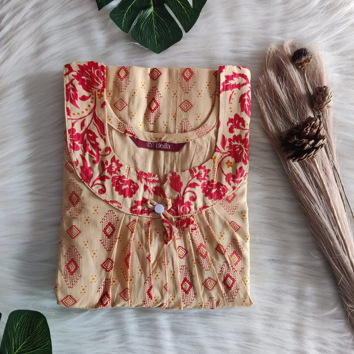 Red And Yellow Printed Premium Cotton No Zip Pleated Nighty | Free Size | Chest Width 44″| Length 55″-56″