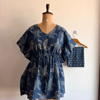 Navy-Blue Floral Printed Kantha Cotton Kaftan Loungewear Pyjama Set | Free Size |