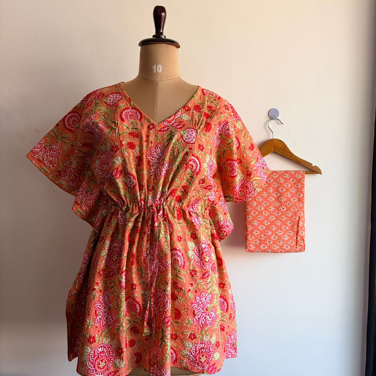 Orange Floral Printed Kantha Cotton Kaftan Loungewear Pyjama Set | Free Size |
