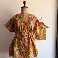 Yellow Floral Printed Kantha Cotton Kaftan Loungewear Pyjama Set | Free Size |