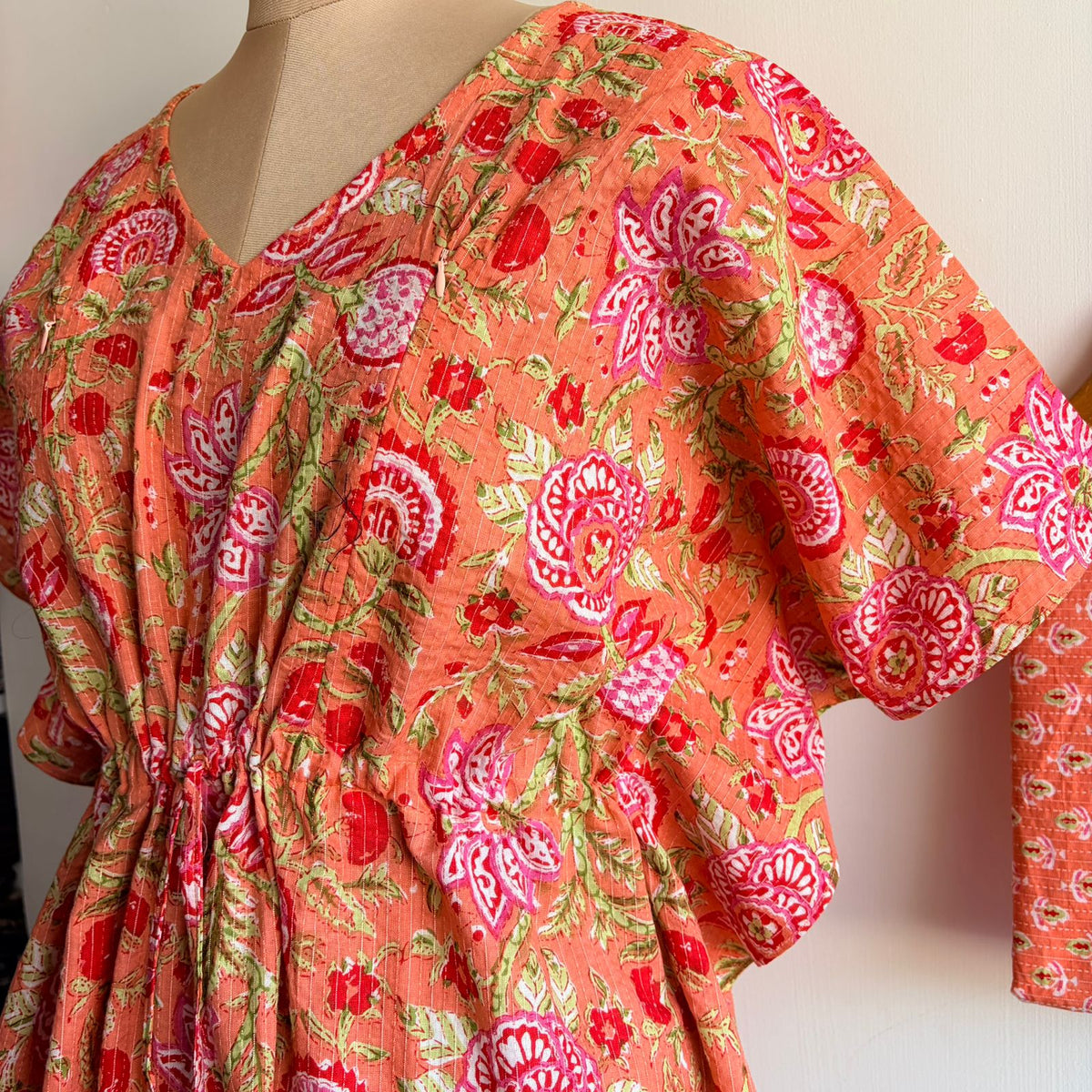 Orange Floral Printed Kantha Cotton Kaftan Loungewear Pyjama Set | Free Size |