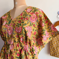 Yellow Floral Printed Kantha Cotton Kaftan Loungewear Pyjama Set | Free Size |