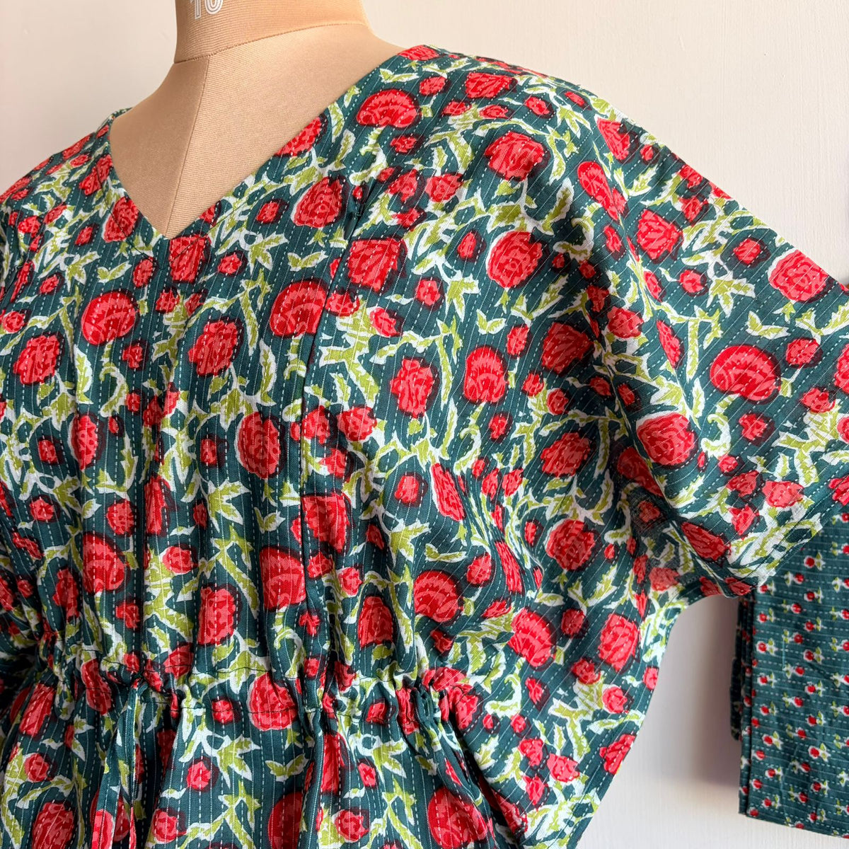 Red And Green Floral Printed Kantha Cotton Kaftan Loungewear Pyjama Set | Free Size |