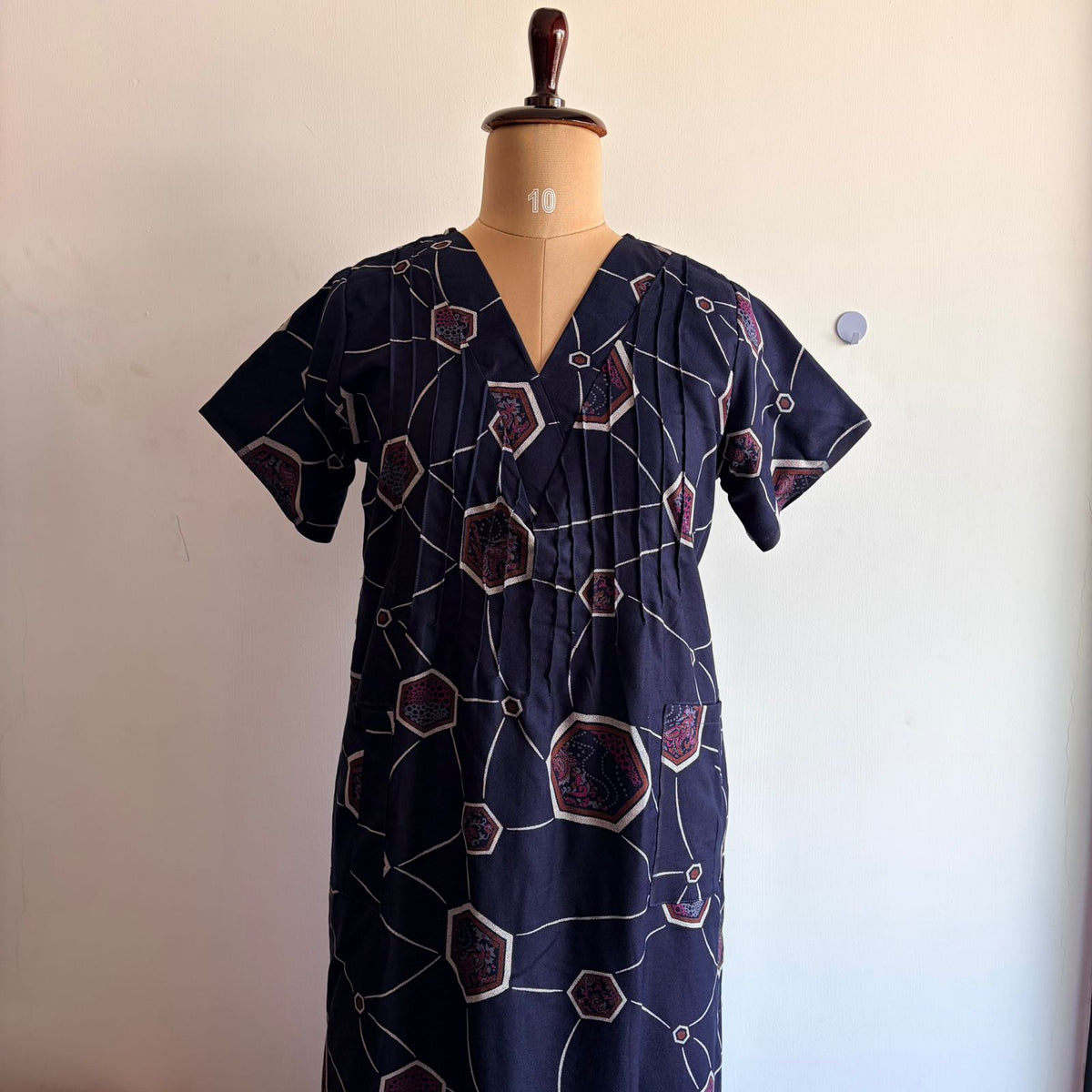 Navy- Blue Printed V-Neck Alfine 60 Inch Length Churidar Cut Nighty | Free Size | Chest Width 44″| Length 60″