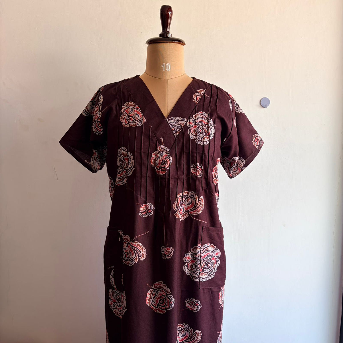 Coffee Brown Floral Printed V-Neck Alfine Churidar Cut Nighty | Free Size | Chest Width 44″| Length 56″