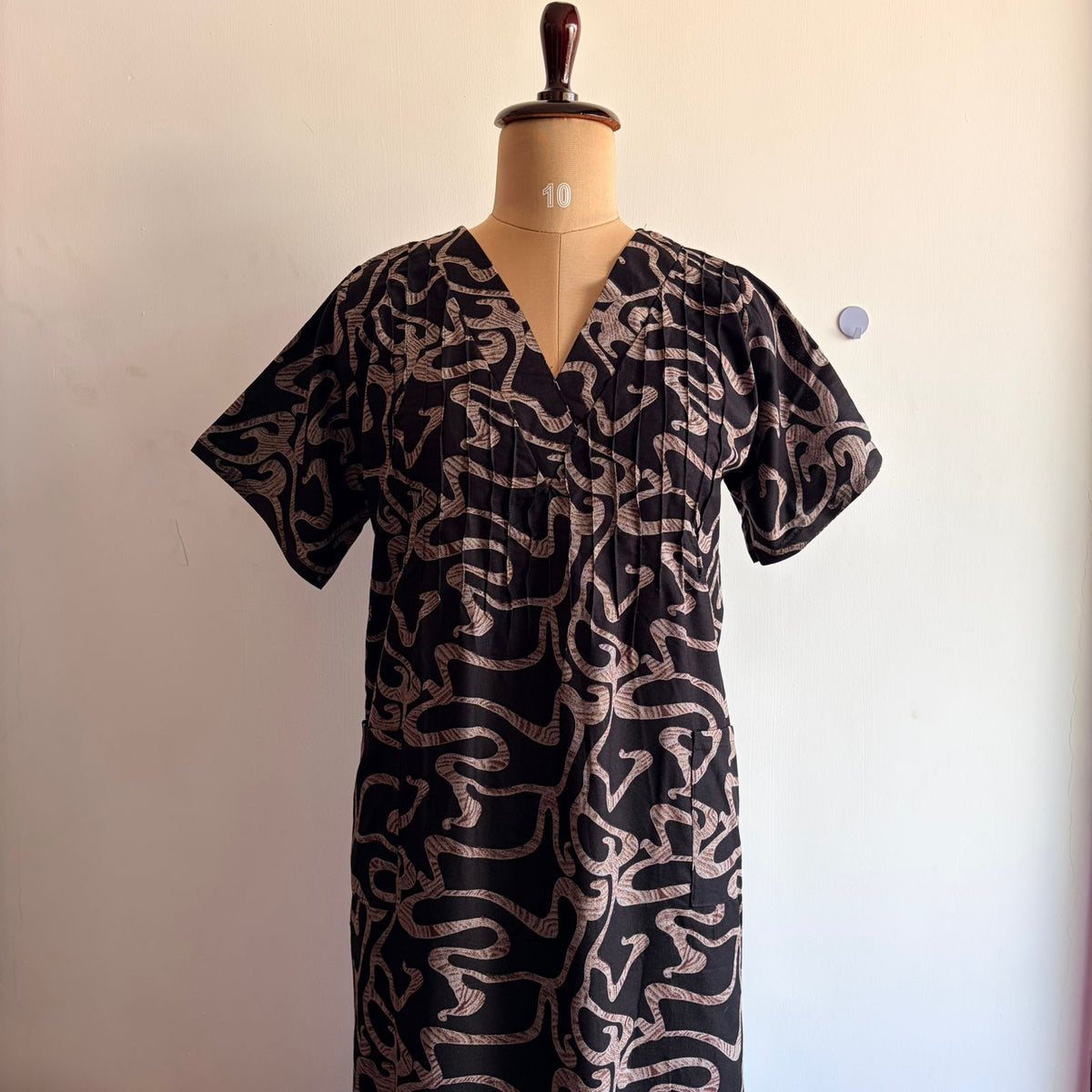 Brown And Black Printed V-Neck Alfine Churidar Cut Nighty | Free Size | Chest Width 44″| Length 56″