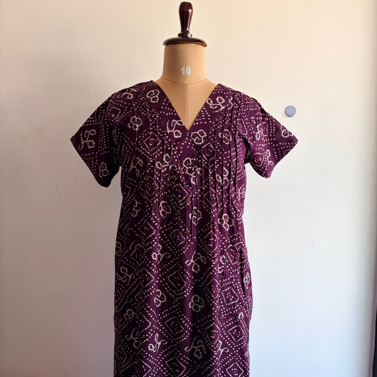 Violet Bandhani Printed V-Neck Alfine Churidar Cut Nighty | Free Size | Chest Width 44″| Length 56″