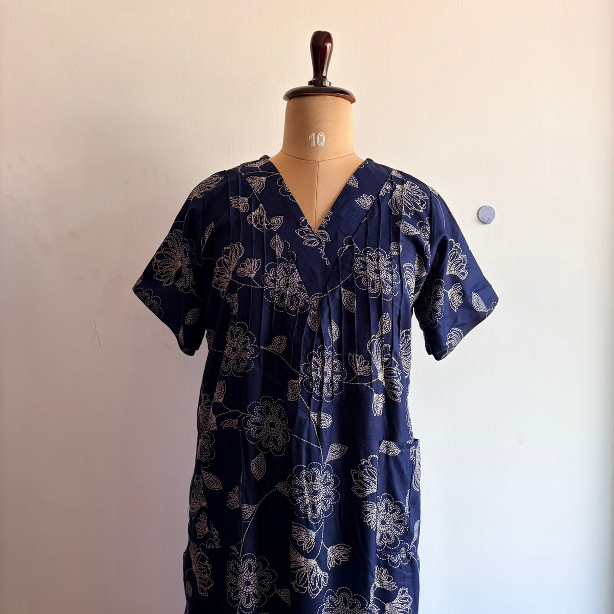 Navy-Blue Floral Printed V-Neck Alfine 60 Inch Length Churidar Cut Nighty | Free Size | Chest Width 44″| Length 60″