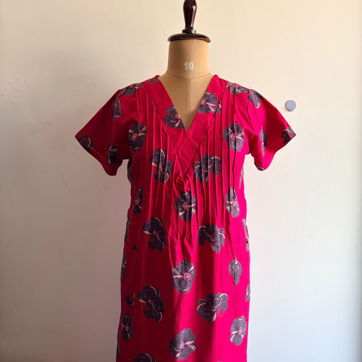 Pink Floral Printed V-Neck Alfine Churidar Cut Nighty | Free Size | Chest Width 44″| Length 56″