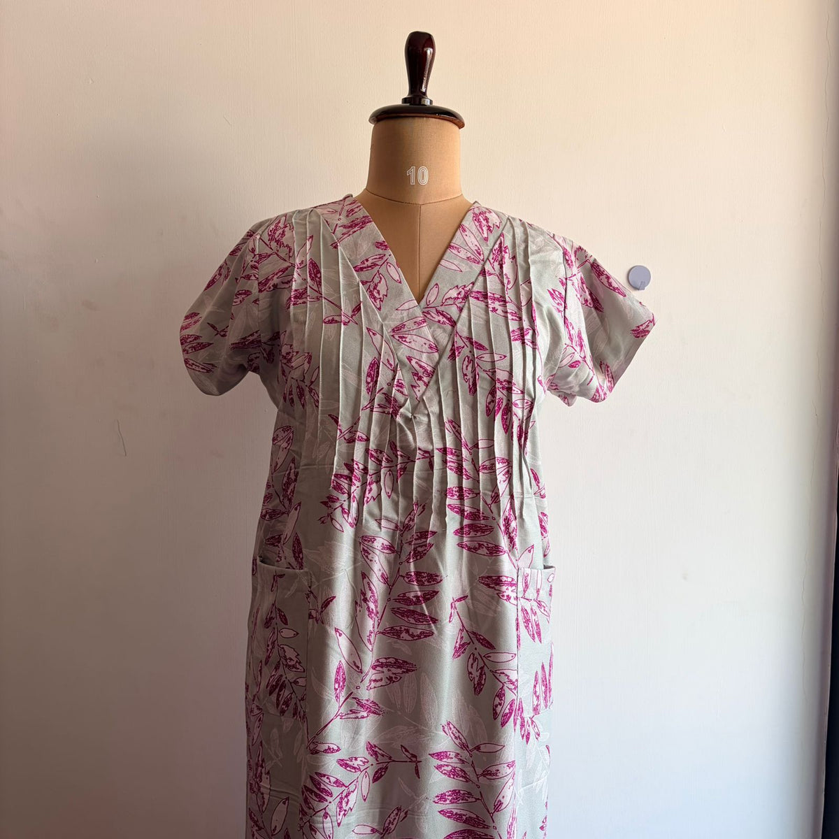 Pastel Green And Pink Printed V-Neck Alfine Churidar Cut Nighty | Free Size | Chest Width 44″| Length 56″